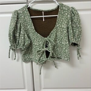 Free People Sage Floral Tie-Front Blouse